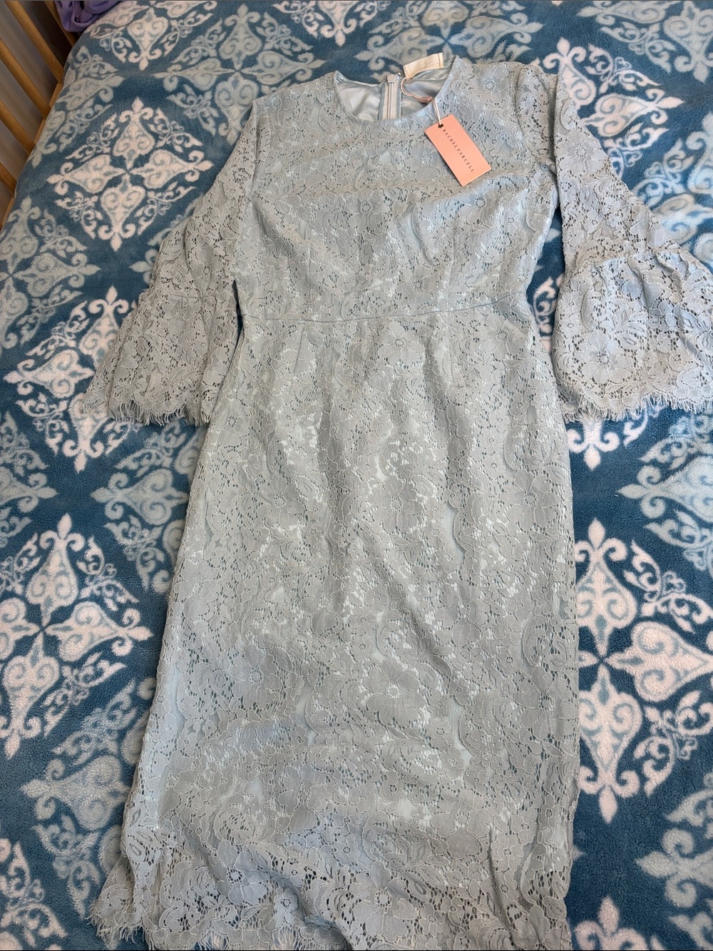 Rachel Parcell Tiered Ruffle Long Sleeve Lace Midi Dress in Gray & Blue